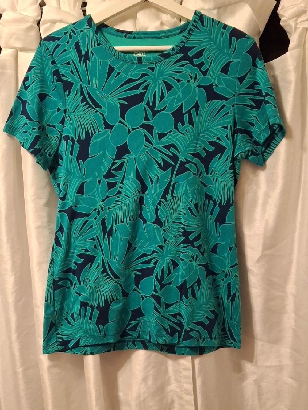Lands' End Teal Tropical Leaf Short Sleeve Tee on Navy